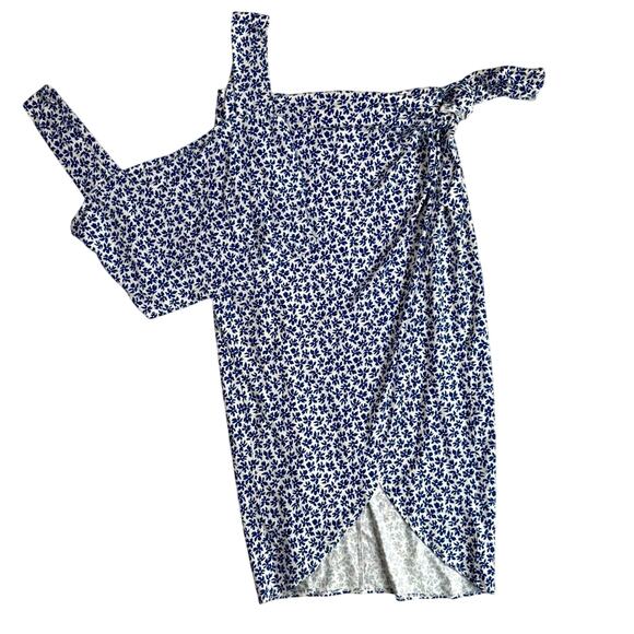Reformation Rika Bombay Blue Knit Stretch Wrap Skirt Crop Tank Top Set Floral XL - Picture 1 of 9
